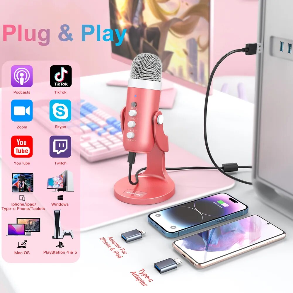 Haomuren-USBコンデンサーマイク,ピンクのスタジオ - Pc Gaming Pink のレビューと価格